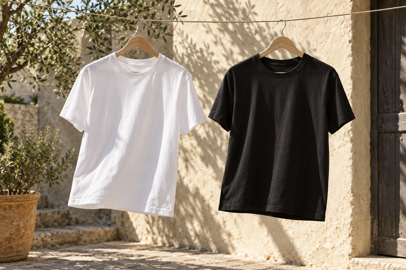 A white and a black crew-neck T-shirt hanging side by side in a sunlit courtyard.