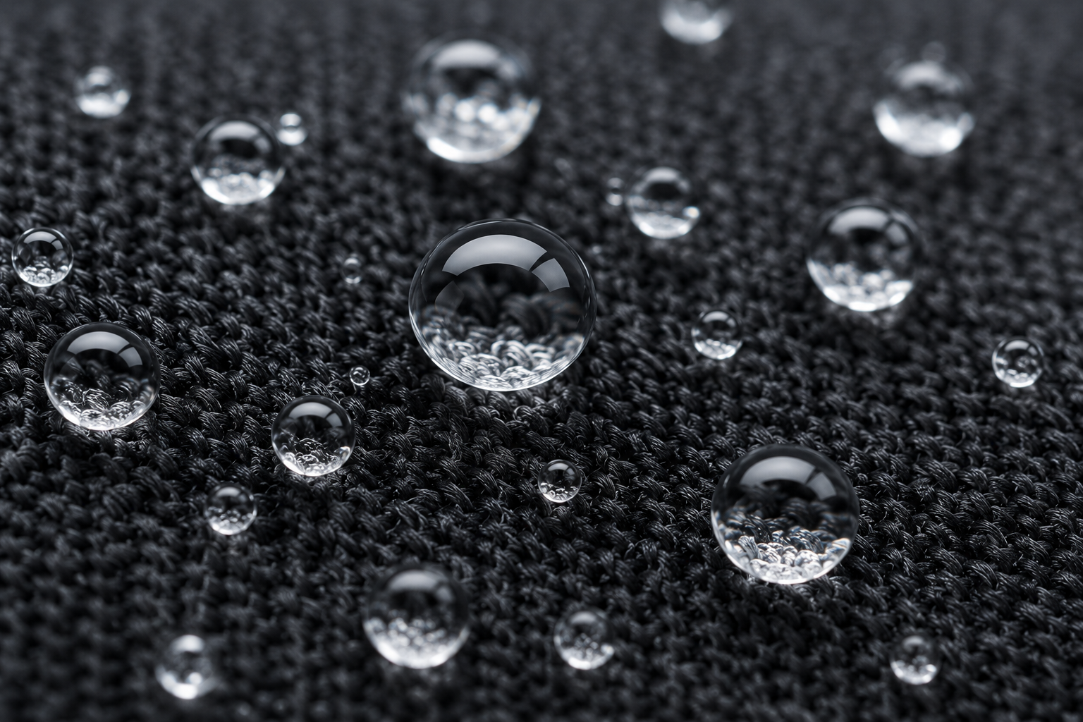 Water droplets beading on a black technical knit fabric surface showing DWR water repellency