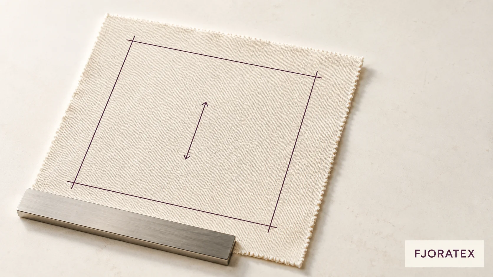 Illustrated ivory fabric sample with purple marking lines and a metal straightedge.
