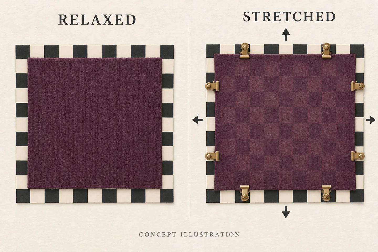 Concept illustration of plum knit fabric hiding a checkerboard when relaxed and revealing the pattern when stretched in two directions.