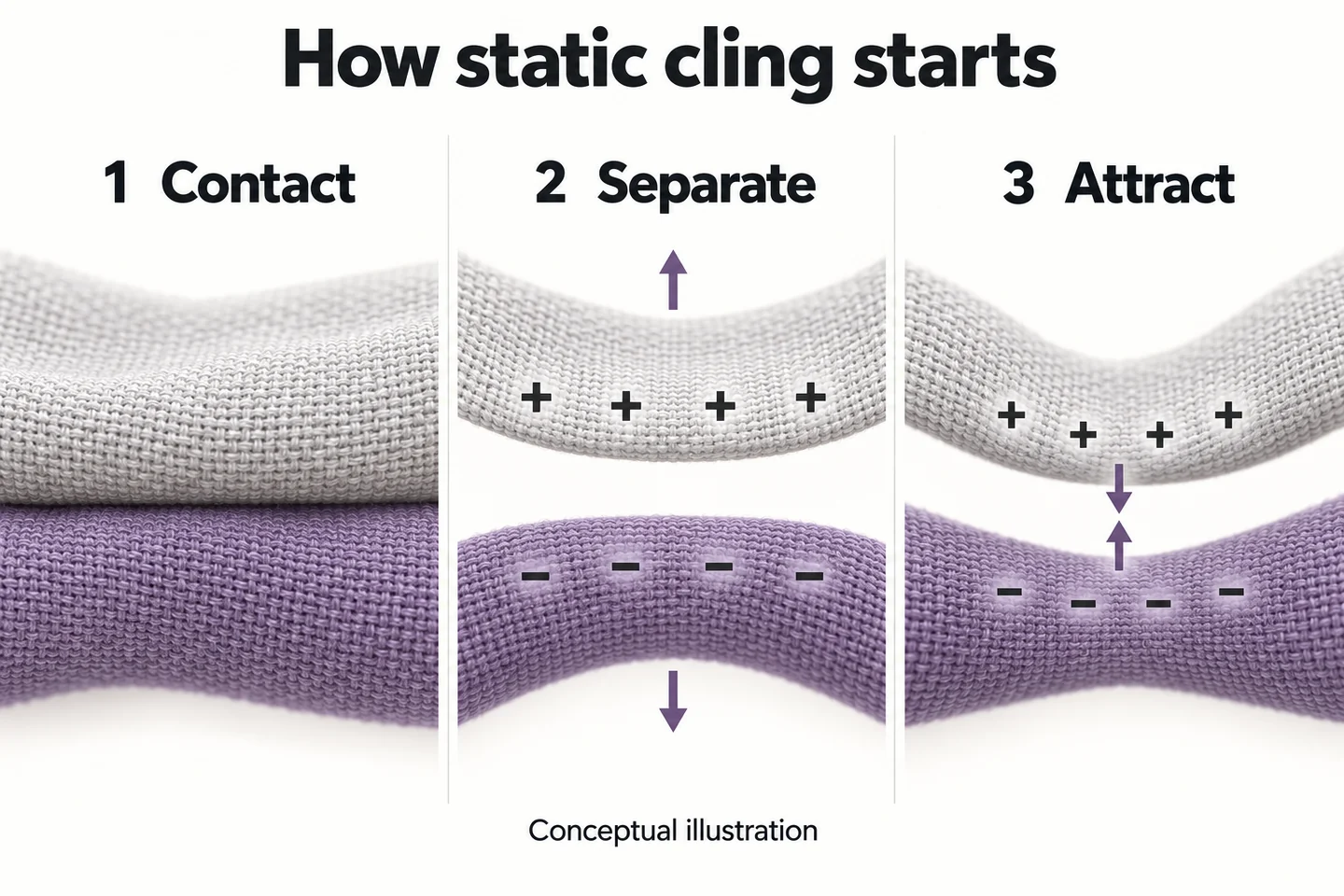 Three-stage conceptual diagram showing two fabric surfaces in contact, separating with opposite net charges, and attracting each other.