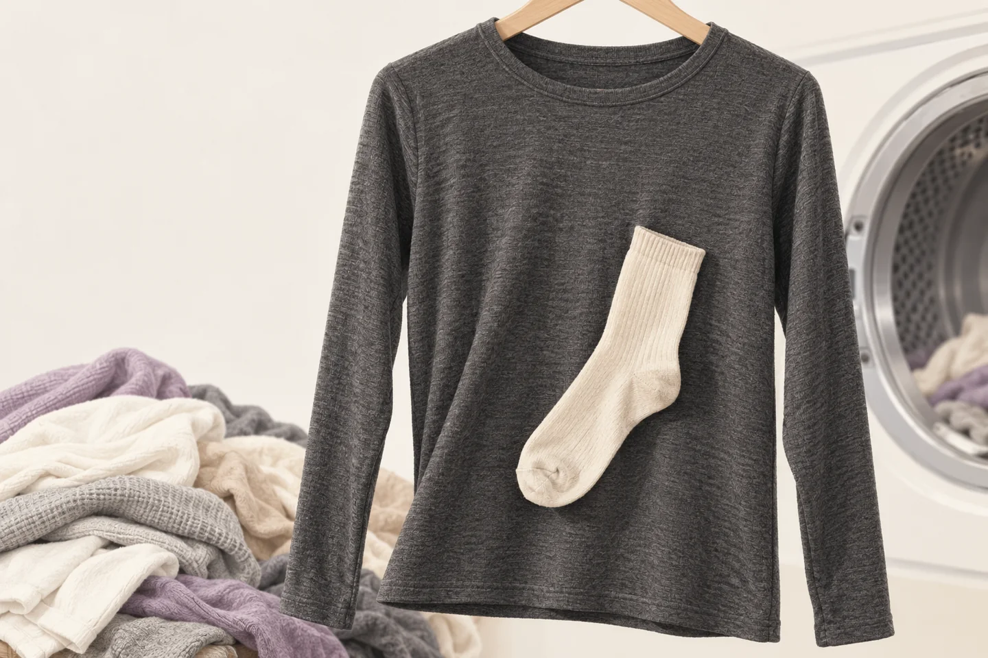 AI-generated scene of a cream sock clinging to a charcoal knit top beside a tumble dryer.