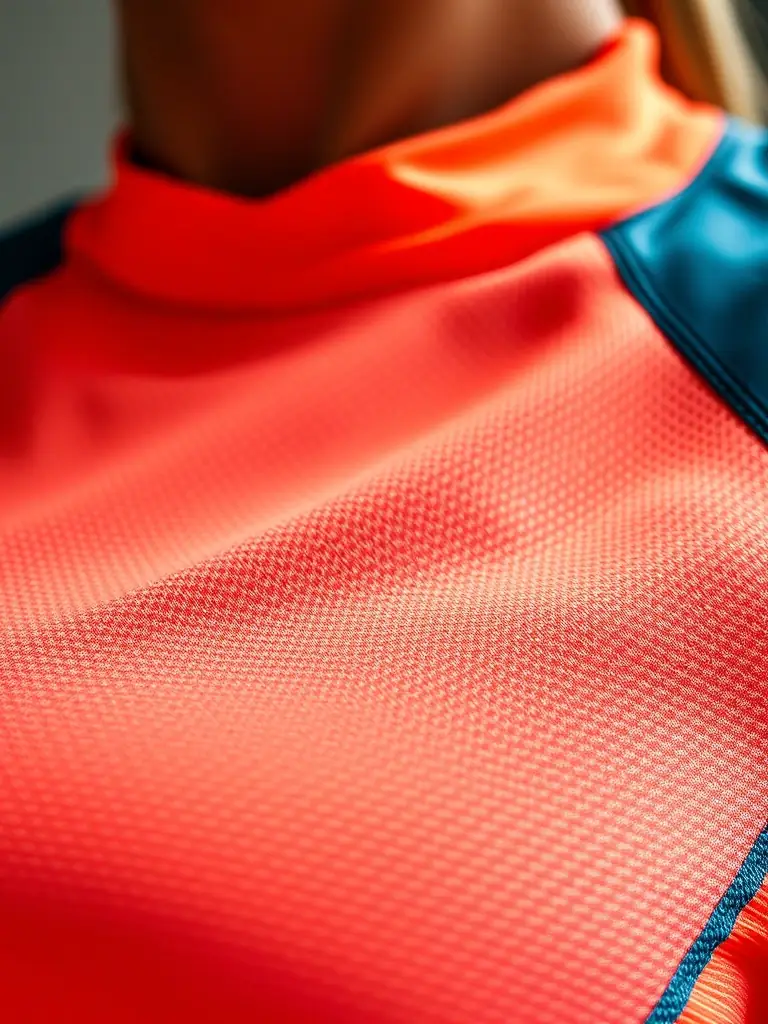 Close-up shot of Fjoratex's high-performance sports fabric, showcasing its intricate weave and moisture-wicking properties, used in a vibrant sportswear garment.