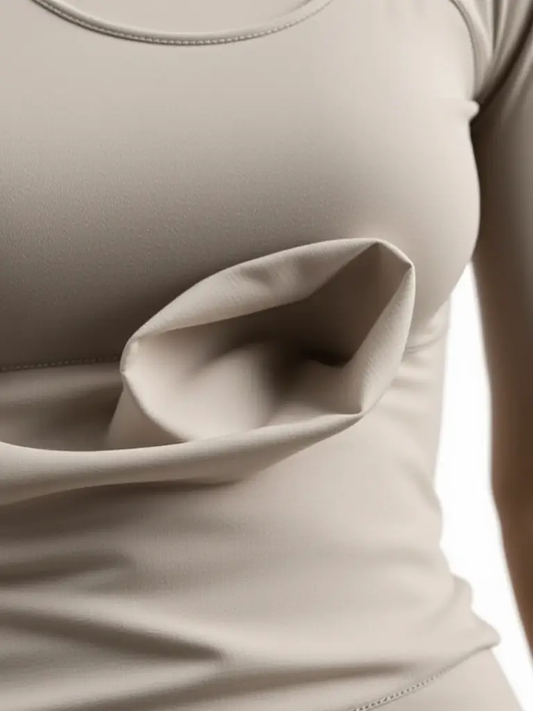 Macro shot of Fjoratex's activewear fabric, emphasizing its stretch and flexibility, used in a form-fitting activewear top.